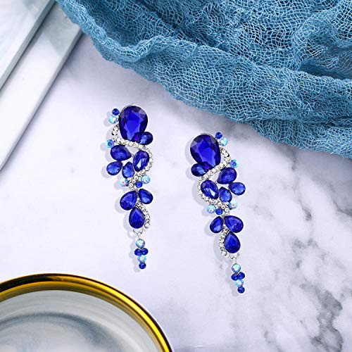 BriLove Women's Wedding Bridal Dangle Earrings Bohemian Boho Crystal Multiple Teardrop Chandelier Long Jewelry Silver-Tone Royal Blue Sapphire Color - Image 5