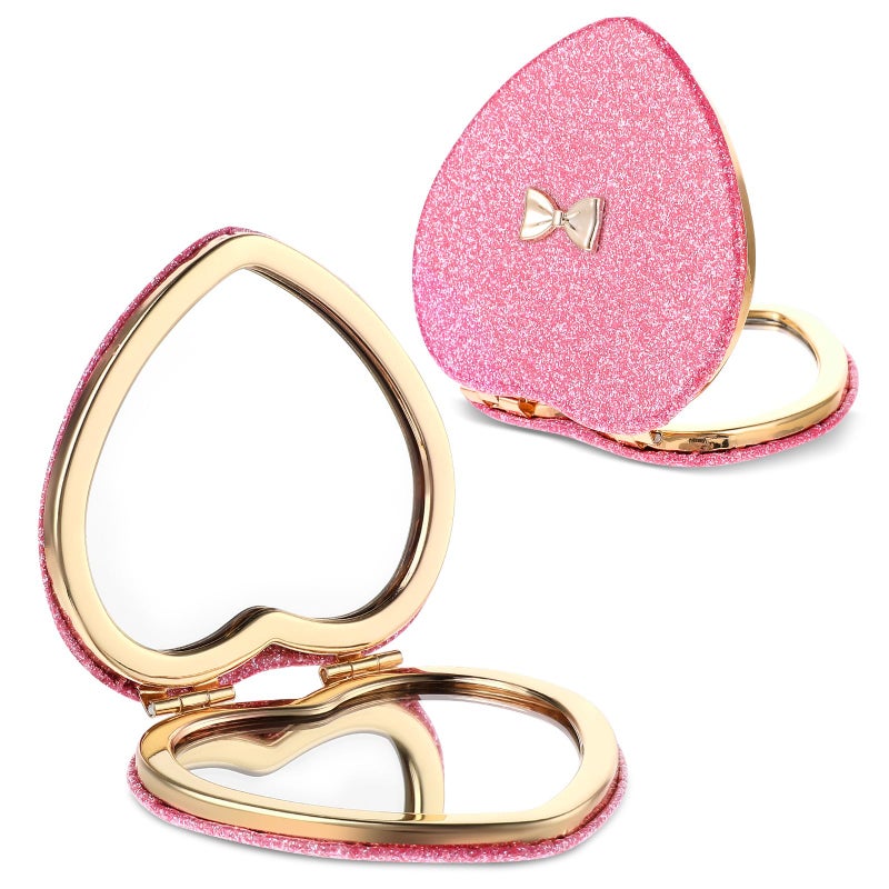 XLIUAX 2 Pcs Pink Heart Shaped Compact Mirror, Glitter Cute Bow Magnifying Folding Purse Mirrors Portable Travel Makeup Mirror Small Pocket Cosmetic Mirrors for Women - Image 1