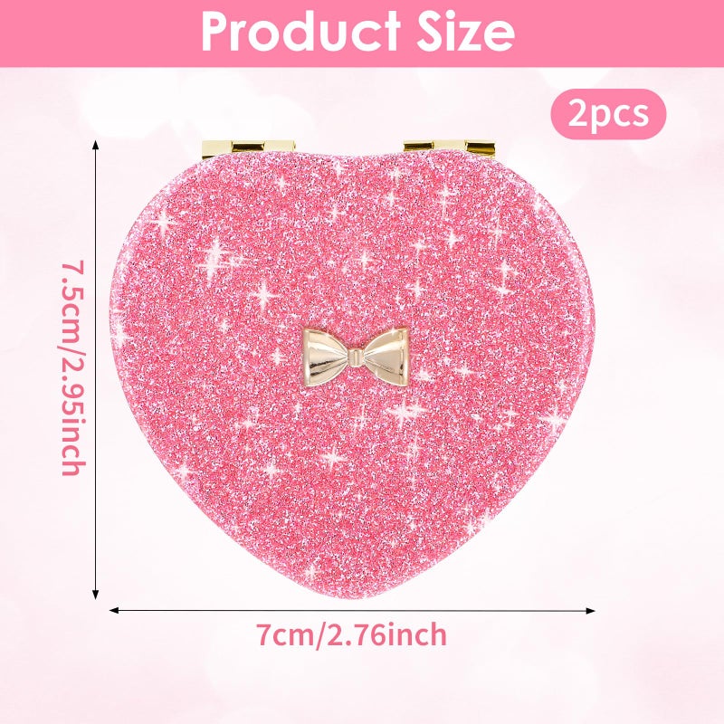 XLIUAX 2 Pcs Pink Heart Shaped Compact Mirror, Glitter Cute Bow Magnifying Folding Purse Mirrors Portable Travel Makeup Mirror Small Pocket Cosmetic Mirrors for Women - Image 5