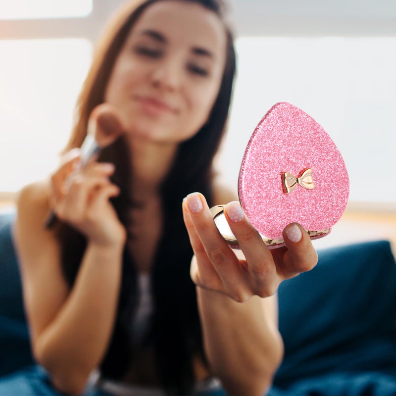 XLIUAX 2 Pcs Pink Heart Shaped Compact Mirror, Glitter Cute Bow Magnifying Folding Purse Mirrors Portable Travel Makeup Mirror Small Pocket Cosmetic Mirrors for Women - Image 4
