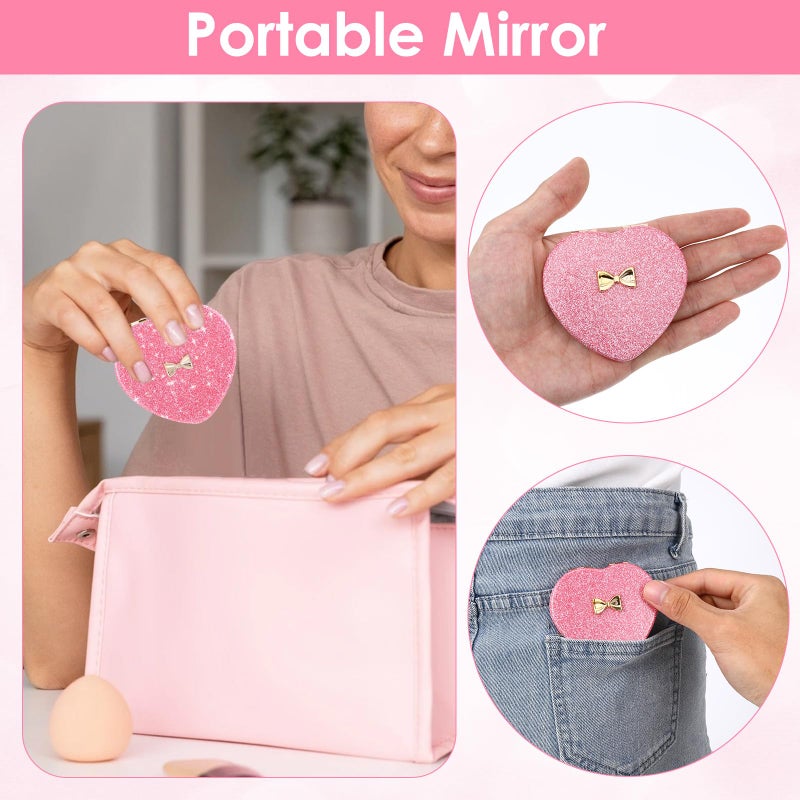 XLIUAX 2 Pcs Pink Heart Shaped Compact Mirror, Glitter Cute Bow Magnifying Folding Purse Mirrors Portable Travel Makeup Mirror Small Pocket Cosmetic Mirrors for Women - Image 3