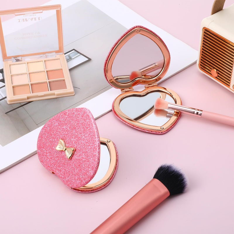 XLIUAX 2 Pcs Pink Heart Shaped Compact Mirror, Glitter Cute Bow Magnifying Folding Purse Mirrors Portable Travel Makeup Mirror Small Pocket Cosmetic Mirrors for Women - Image 2