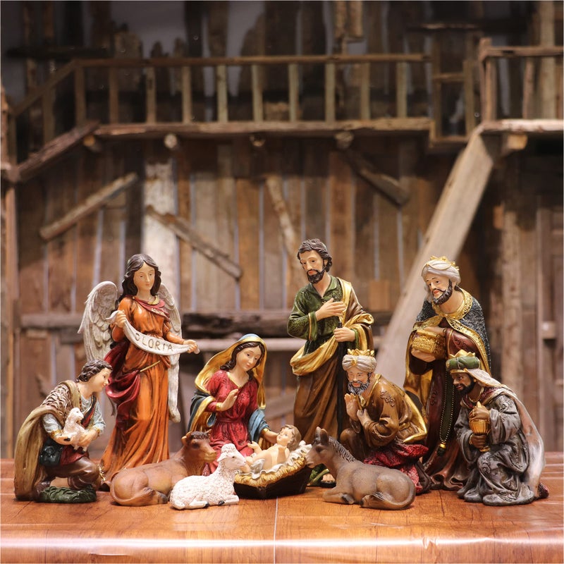 Zayton Nativity Set Christmas Indoor Scene Set 125 Inch 11 Pcs Figurines Holy Family Fireplace Statue Jesus Manger Christmas Crib Ornament Church Xmas Gift Home Decoration