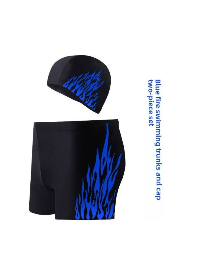 Generic Swimming Trunks Men's Anti-embarrassment Plus Size Quick-drying Loose Hot Spring Swimsuit Equipment Suit-Color:Blue Fire + Cap (set Of Two)-Size:L( 40-50kg ) Refuse To Be Shoddy - Image 1
