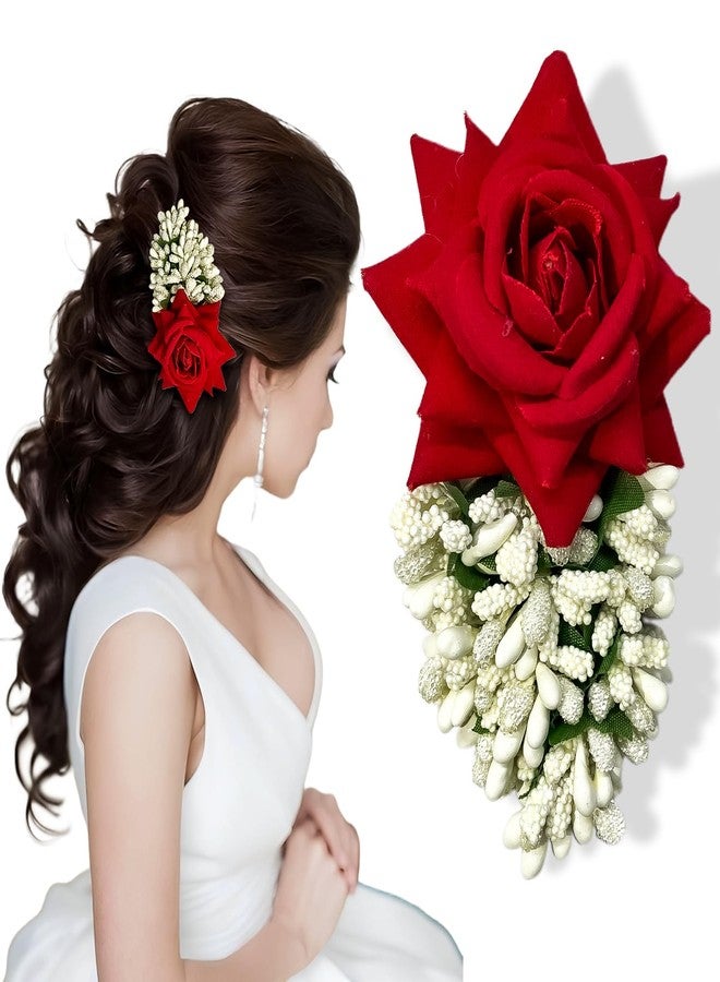 LYKAA Hair juda Bun Scented Jasmine Mogra Gajra plain white Phool Hair Accessories For Women & Girls | Flower Juda Bun Fake Artificial South India Gajra Scrunchies Rubber Band (1pc) (Red & White) - Image 1