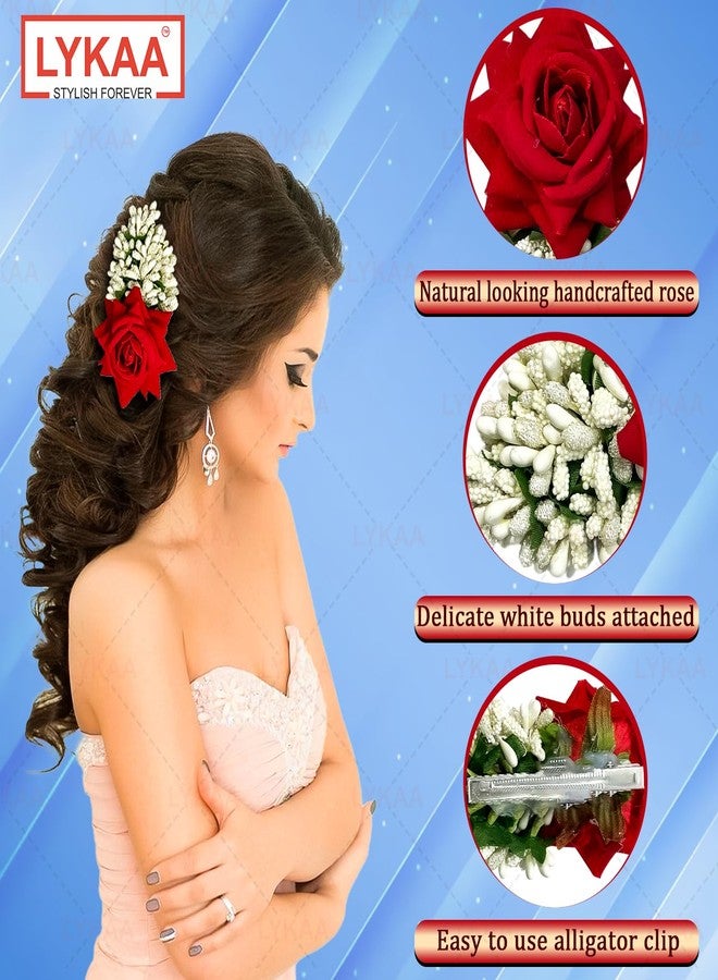 LYKAA Hair juda Bun Scented Jasmine Mogra Gajra plain white Phool Hair Accessories For Women & Girls | Flower Juda Bun Fake Artificial South India Gajra Scrunchies Rubber Band (1pc) (Red & White) - Image 3