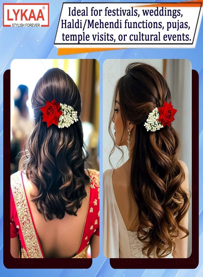 LYKAA Hair juda Bun Scented Jasmine Mogra Gajra plain white Phool Hair Accessories For Women & Girls | Flower Juda Bun Fake Artificial South India Gajra Scrunchies Rubber Band (1pc) (Red & White) - Image 4