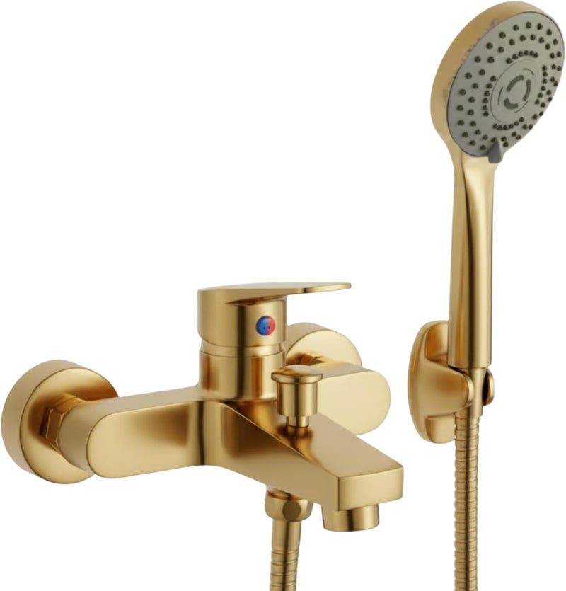 Modern Chrome-Plated Wall Mounted Bath Shower Mixer Tap Set with Multi-Function Hand Shower Head, Temperature Control, Flexible Hose (GOLD),1 shower Set(faucet+ water pipe+ shower head) - Image 1