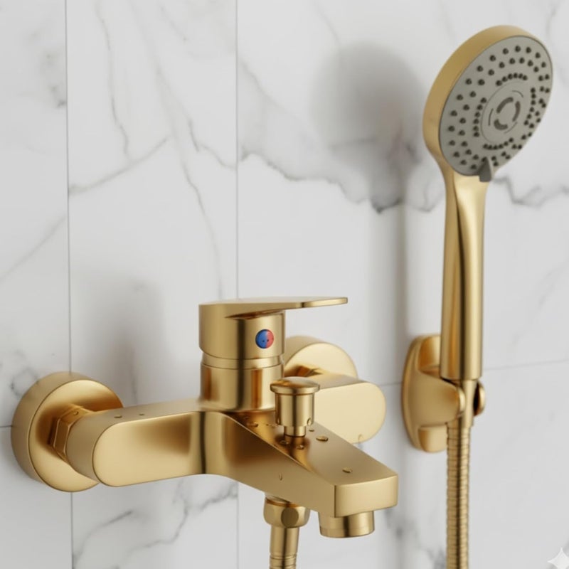 Modern Chrome-Plated Wall Mounted Bath Shower Mixer Tap Set with Multi-Function Hand Shower Head, Temperature Control, Flexible Hose (GOLD),1 shower Set(faucet+ water pipe+ shower head) - Image 3