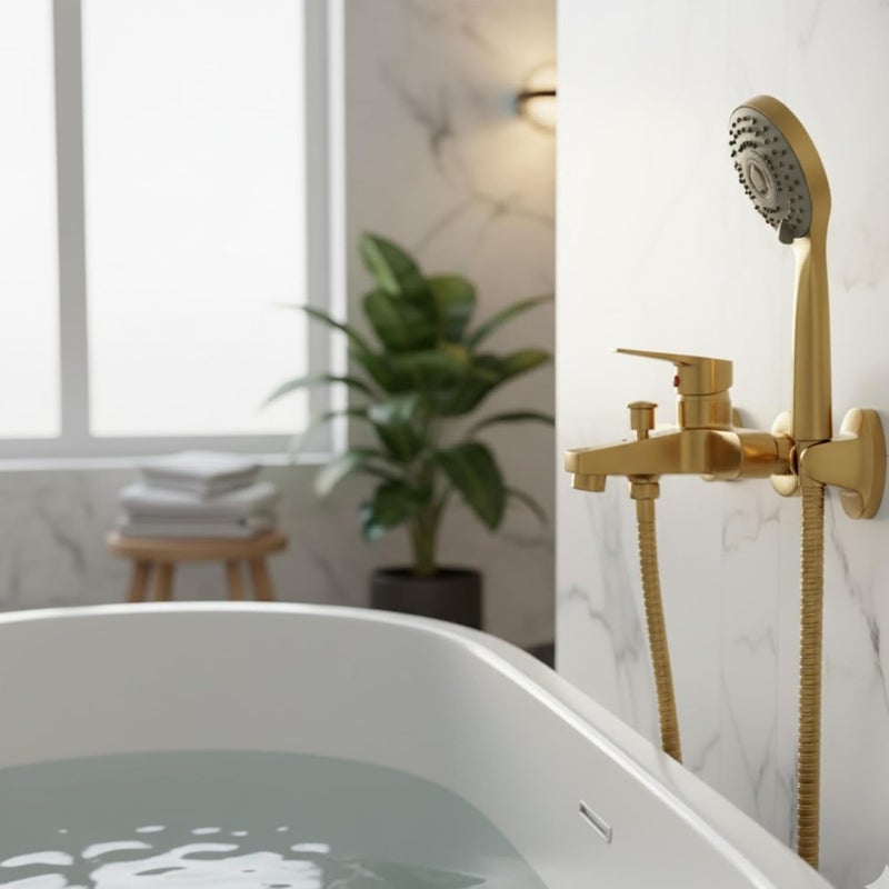 Modern Chrome-Plated Wall Mounted Bath Shower Mixer Tap Set with Multi-Function Hand Shower Head, Temperature Control, Flexible Hose (GOLD),1 shower Set(faucet+ water pipe+ shower head) - Image 2