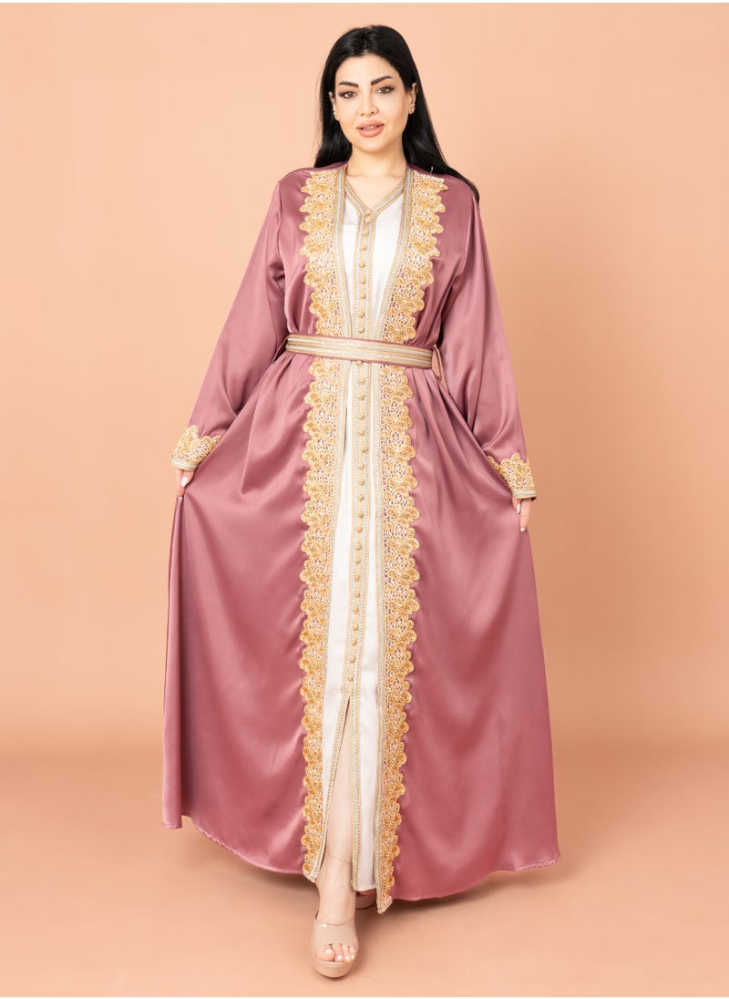 IKKXA Belted Elegant 2-Piece Kaftan IK2020 Pink  - Image 1
