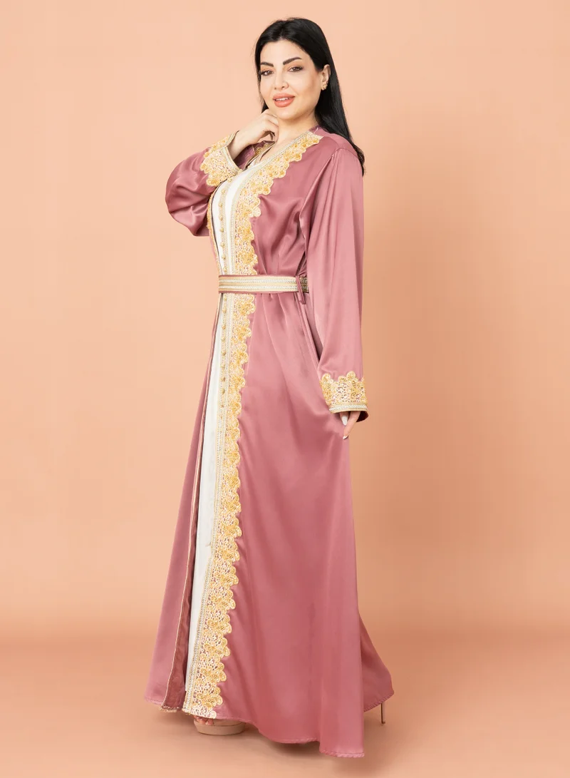 IKKXA Belted Elegant 2-Piece Kaftan IK2020 Pink