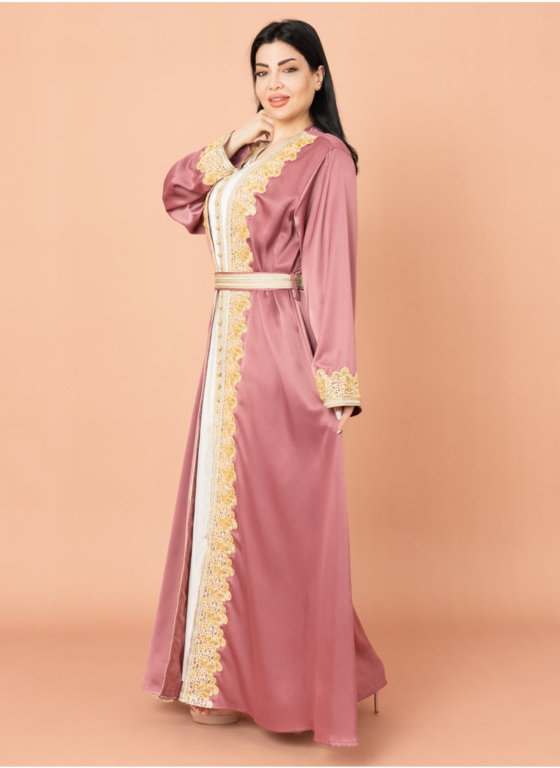 IKKXA Belted Elegant 2-Piece Kaftan IK2020 Pink  - Image 3