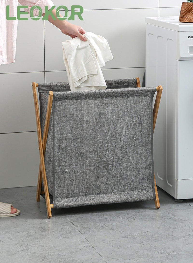 LEOKOR Bamboo Clothes Storage Basket, Portable and Collapsible Clothes Laundry Basket, Dirty Clothes Storage with Removable Fabric Liner Bag Grey 56.5*50*34CM - Image 2