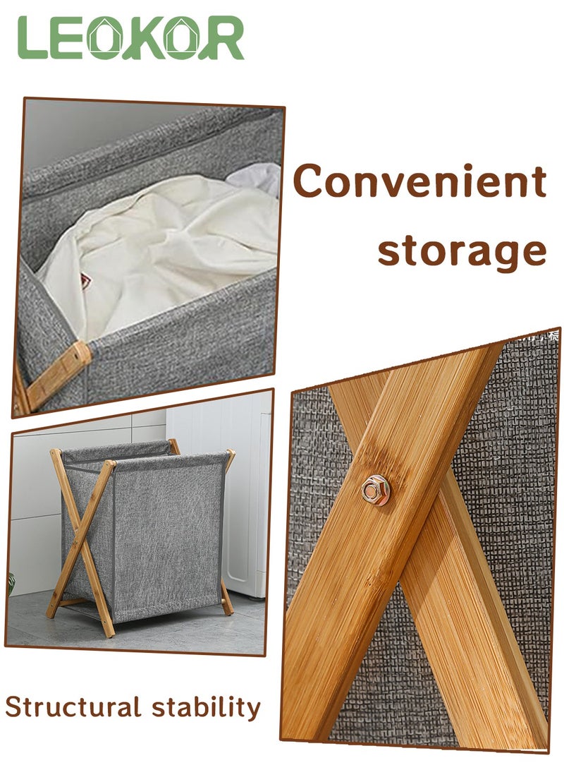 LEOKOR Bamboo Clothes Storage Basket, Portable and Collapsible Clothes Laundry Basket, Dirty Clothes Storage with Removable Fabric Liner Bag Grey 56.5*50*34CM - Image 3