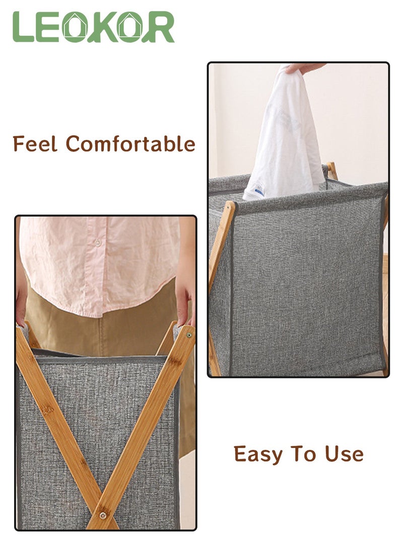 LEOKOR Bamboo Clothes Storage Basket, Portable and Collapsible Clothes Laundry Basket, Dirty Clothes Storage with Removable Fabric Liner Bag Grey 56.5*50*34CM - Image 4