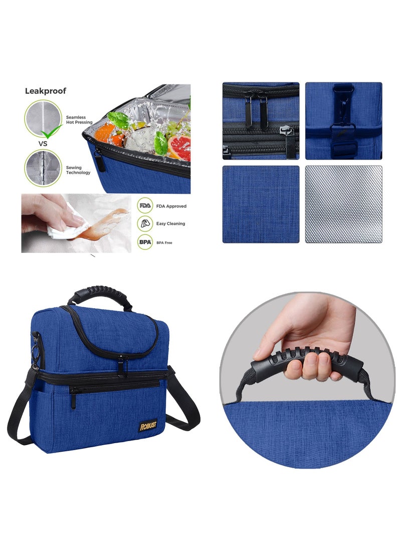 ROBUST Robust Leakproof Lunch Bag With Shoulder Strap Anti-Fungal Insulated Material Lunch Box Bag For Men & Women Double-Deck Large Cooler Bag For Office, School Travel Beach Picnic, Adult- Blue  - Image 3