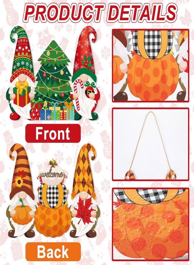 JUNEBRUSHS Double Sided Fall Thanksgiving Decor/Christmas Decorations Fall Door Gnome Sign Winter Home Thankful Pumpkin Hanging Wooden Buffalo Plaid Sign Wall Porch for Christmas Indoor Outdoor Decor - Image 3