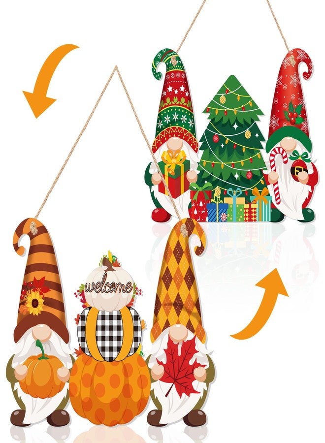 JUNEBRUSHS Double Sided Fall Thanksgiving Decor/Christmas Decorations Fall Door Gnome Sign Winter Home Thankful Pumpkin Hanging Wooden Buffalo Plaid Sign Wall Porch for Christmas Indoor Outdoor Decor - Image 1