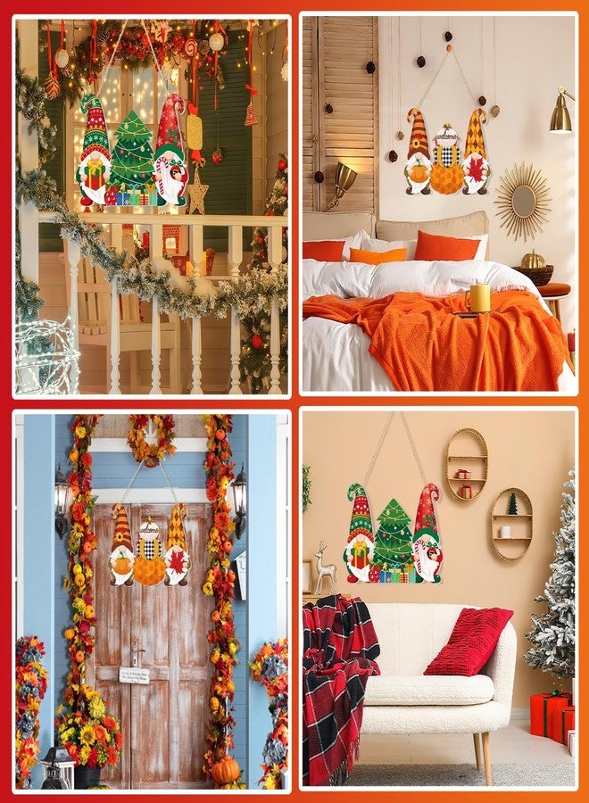 JUNEBRUSHS Double Sided Fall Thanksgiving Decor/Christmas Decorations Fall Door Gnome Sign Winter Home Thankful Pumpkin Hanging Wooden Buffalo Plaid Sign Wall Porch for Christmas Indoor Outdoor Decor - Image 4