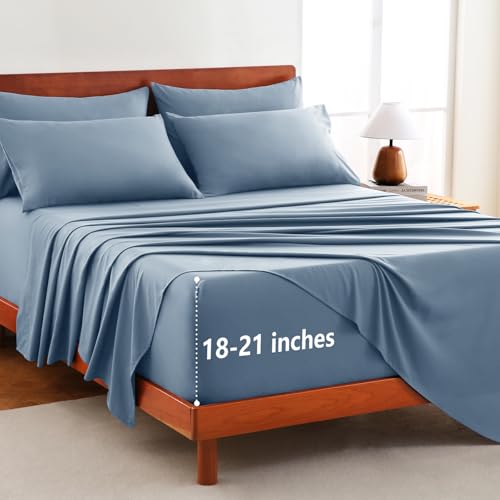 CozyLux Extra Deep Pocket King Size Sheets Set - 6 Piece King Sheets - Luxury Sheet King Size Fits Up to 21 inches Mattresses, Breathable King Sheet Set & Pillowcases - Easy & Secure Fit, Dusty Blue - Image 1
