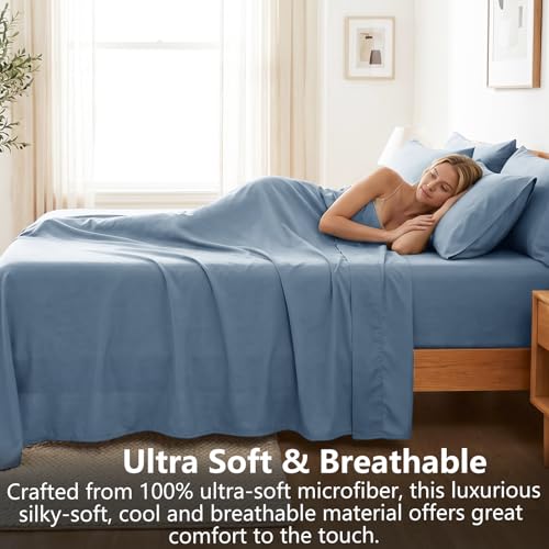 CozyLux Extra Deep Pocket King Size Sheets Set - 6 Piece King Sheets - Luxury Sheet King Size Fits Up to 21 inches Mattresses, Breathable King Sheet Set & Pillowcases - Easy & Secure Fit, Dusty Blue - Image 4
