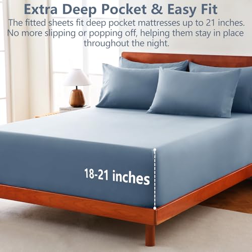 CozyLux Extra Deep Pocket King Size Sheets Set - 6 Piece King Sheets - Luxury Sheet King Size Fits Up to 21 inches Mattresses, Breathable King Sheet Set & Pillowcases - Easy & Secure Fit, Dusty Blue - Image 2