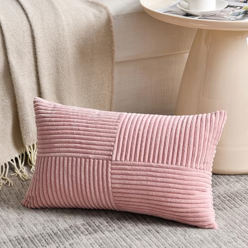 Fancy Homi 2 Packs Blush Pink Long Lumbar Decorative Throw Pillow Covers 12x24 Inch for Couch Bed Sofa Rustic Farmhouse Boho Home Decor Soft Striped Corduroy Rectangle Accent Cushion Case 30x60 cm - Image 3