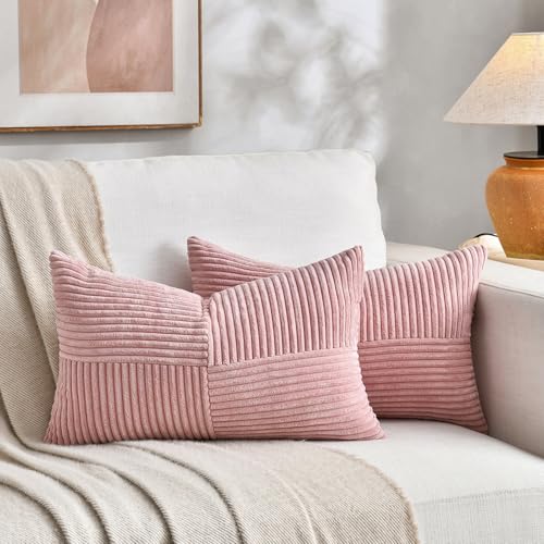 Fancy Homi 2 Packs Blush Pink Long Lumbar Decorative Throw Pillow Covers 12x24 Inch for Couch Bed Sofa Rustic Farmhouse Boho Home Decor Soft Striped Corduroy Rectangle Accent Cushion Case 30x60 cm - Image 1