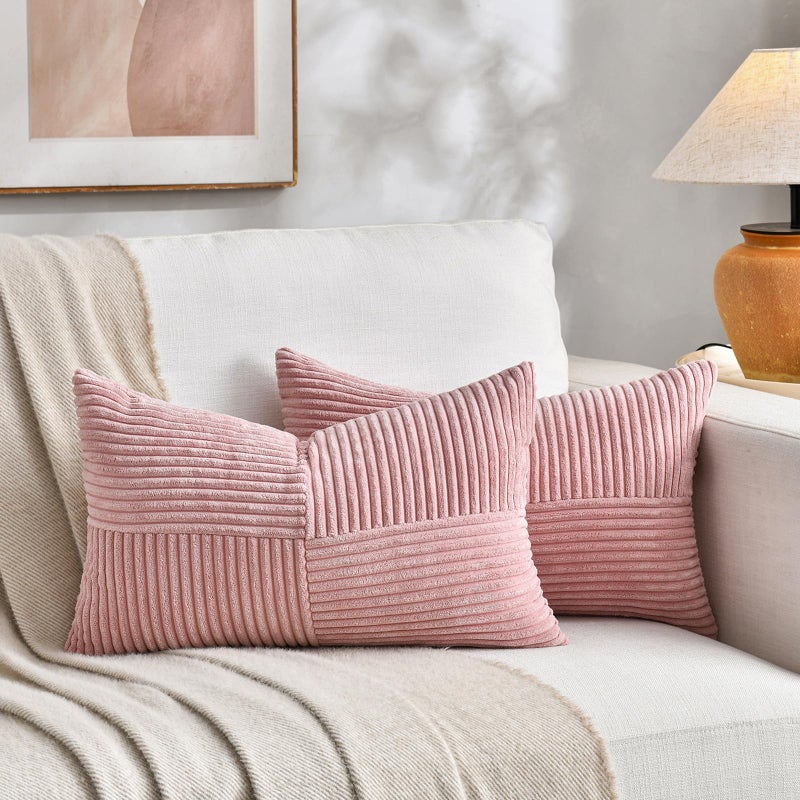 Fancy Homi 2 Packs Blush Pink Long Lumbar Decorative Throw Pillow Covers 12x24 Inch for Couch Bed Sofa Rustic Farmhouse Boho Home Decor Soft Striped Corduroy Rectangle Accent Cushion Case 30x60 cm - Image 2