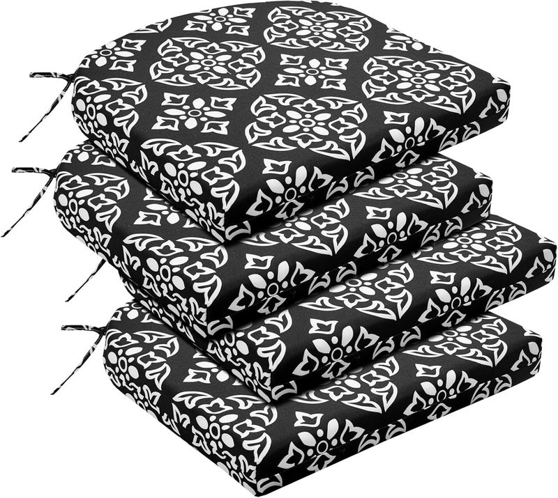 Basic Beyond Outdoor Chair Cushions for Patio Furniture - Round Corner Outdoor Chair Cushions Set of 4, Waterproof Seat Cushions with Ties, 17"x16"x2", Medallion - Image 1