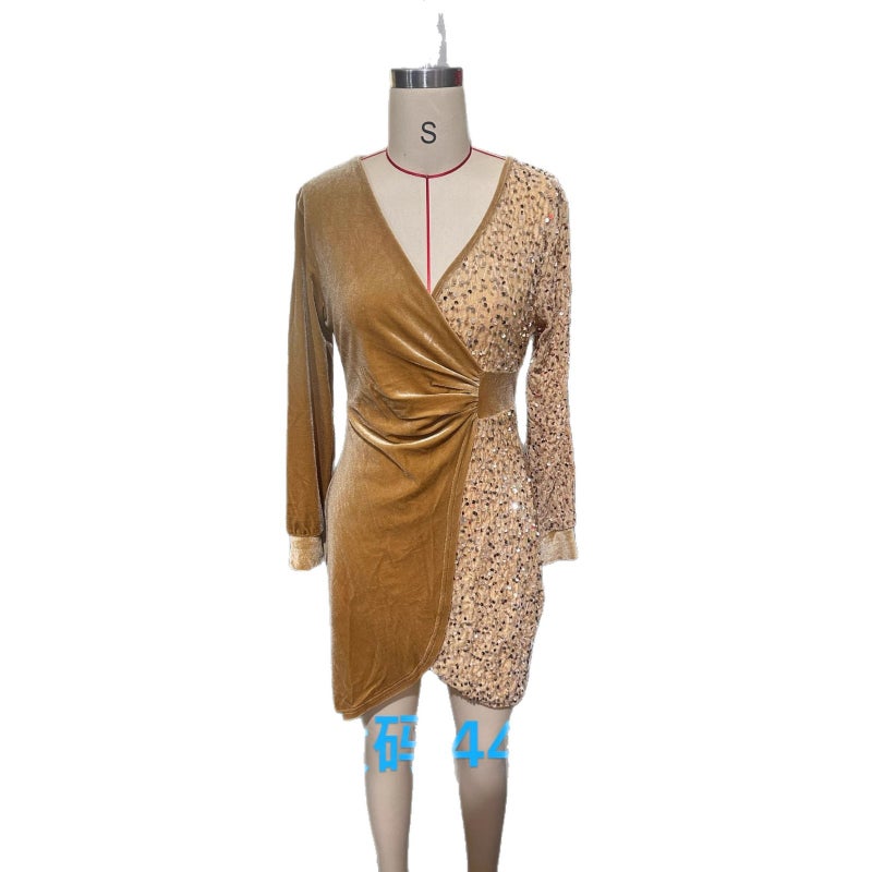 Sequin Velvet V-Neck Bodycon Dress - Image 5