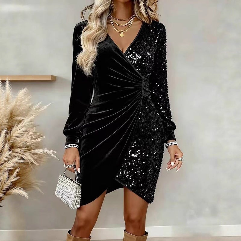Sequin Velvet V-Neck Bodycon Dress - Image 3