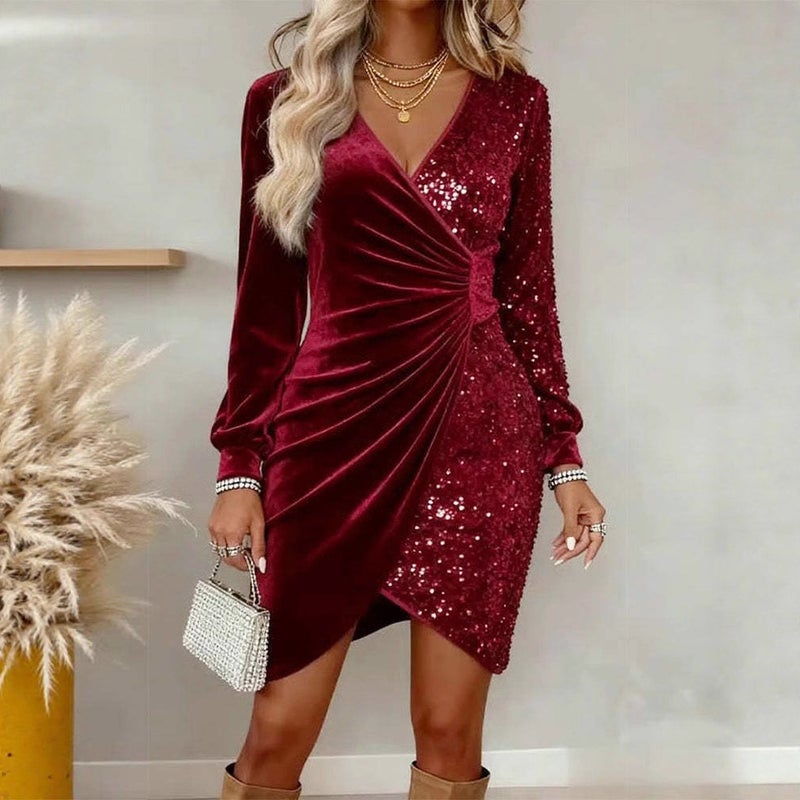 Sequin Velvet V-Neck Bodycon Dress - Image 1