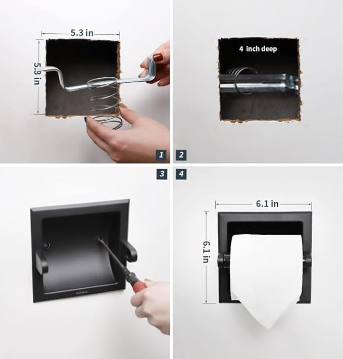 Recessed Toilet Paper Holder: 304 Stainless Steel Matte Black - Easy To Install Space Saving Bathroom Accessory for Modern Bathroom, Kitchen, Bedroom Storage - Image 3