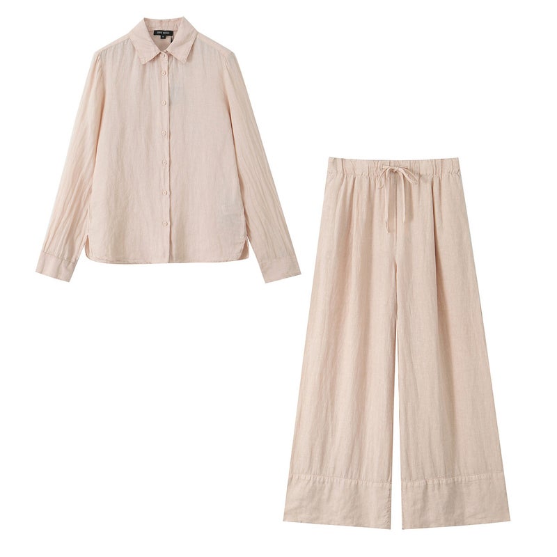 Foreign trade 2024 autumn new womens European and American style linen loose shirt straight trousers two-piece 4877100 Apricot complete set
