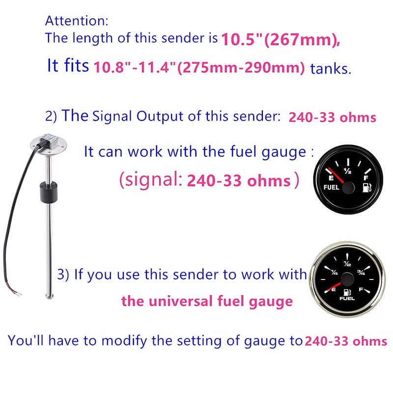 AODITECK 240-33 ohms 10.5"(267mm) Marine Fuel Sending Unit for Boat Truck Car Vehicle Fuel Tank Sending Unit Fuel Level Sending Unit Gas Water Tank Sender Fuel Gauge Sending Unit Water Level Sensor - Image 4