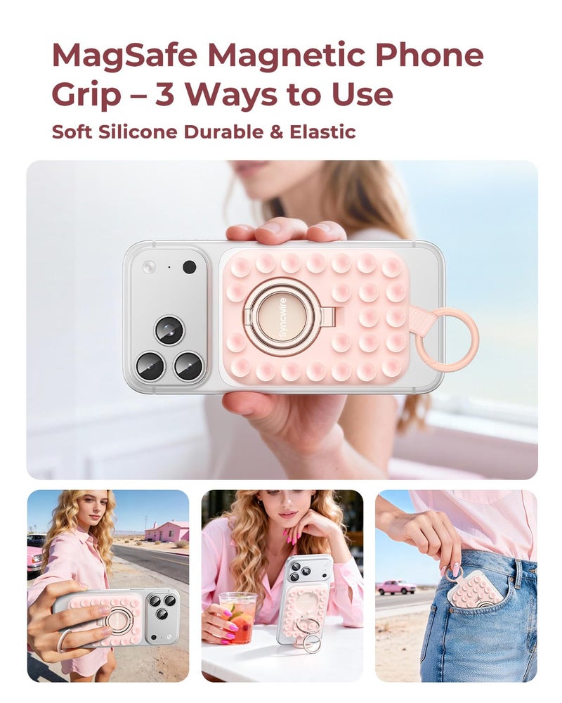Syncwire Magnetic Phone Grip MagSafe Compatible Phone Ring Holder with Silicone Suction Cup Dual Ring Phone Stand for Mirror Selfie Video Recording Hands Free Use,Blush Pink - Image 2