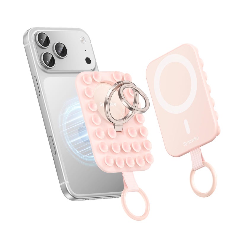 Syncwire Magnetic Phone Grip MagSafe Compatible Phone Ring Holder with Silicone Suction Cup Dual Ring Phone Stand for Mirror Selfie Video Recording Hands Free Use,Blush Pink - Image 1