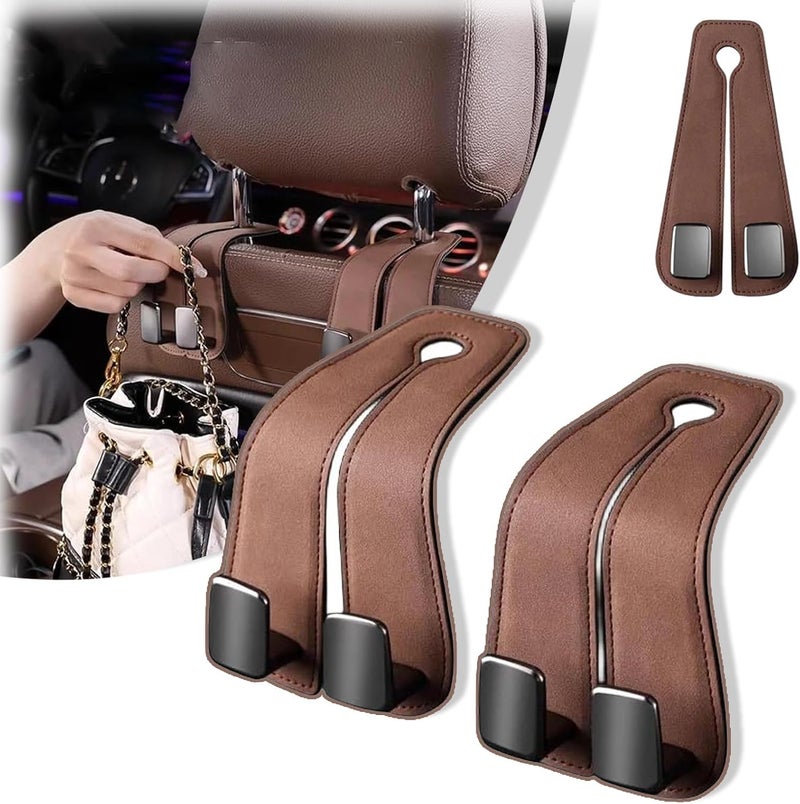 Excefore Multi option design Leather Car Seat Headrest Hooks - 2 in 1 Multi-Functional Double Hooks for Car Seat Back - Ideal for Purse, Coats, Umbrellas, Grocery Bags, Brown 2PCS Indoor outdoor use - Image 1
