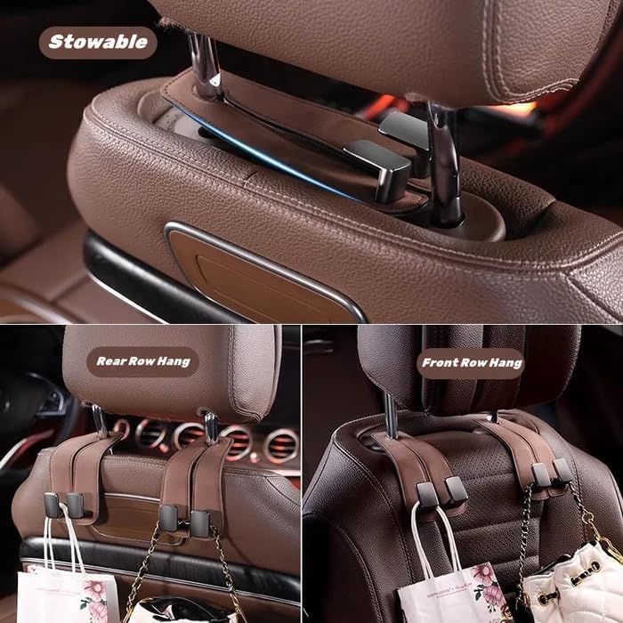 Excefore Multi option design Leather Car Seat Headrest Hooks - 2 in 1 Multi-Functional Double Hooks for Car Seat Back - Ideal for Purse, Coats, Umbrellas, Grocery Bags, Brown 2PCS Indoor outdoor use - Image 3