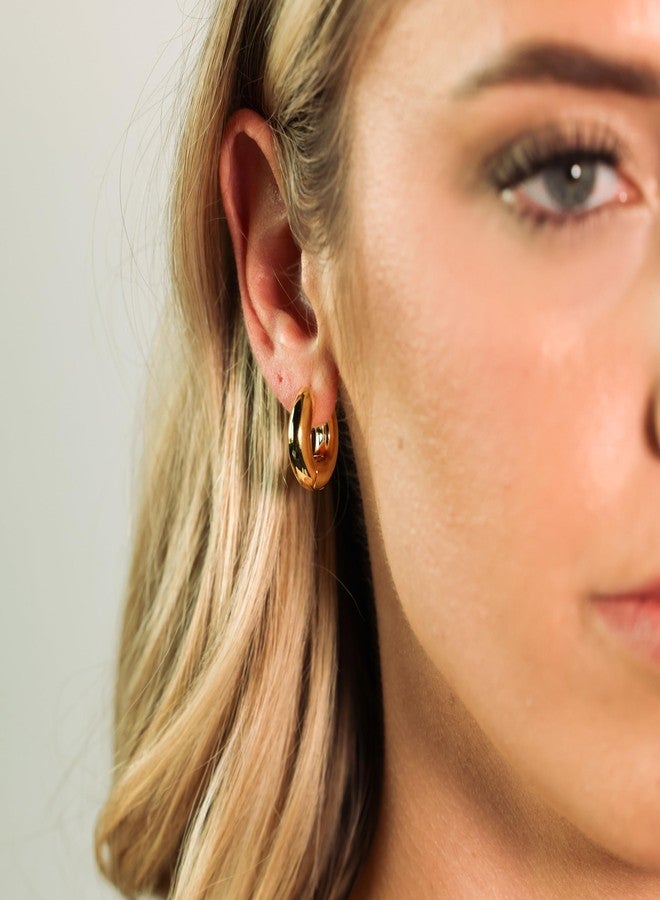 Lemon Grass 18K Gold Plated Chunky Small Gold Hoop Earrings | Womens Bold Thick Gold Huggie Earrings | Sculpture Gold Classic Hoops Hinged Huggie - Image 2
