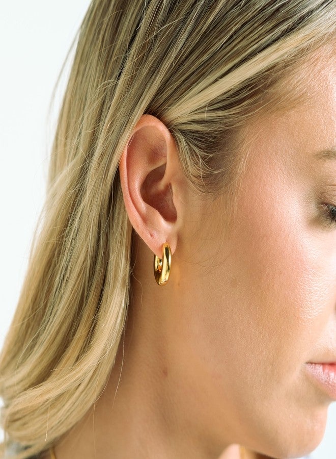 Lemon Grass 18K Gold Plated Chunky Small Gold Hoop Earrings | Womens Bold Thick Gold Huggie Earrings | Sculpture Gold Classic Hoops Hinged Huggie - Image 4