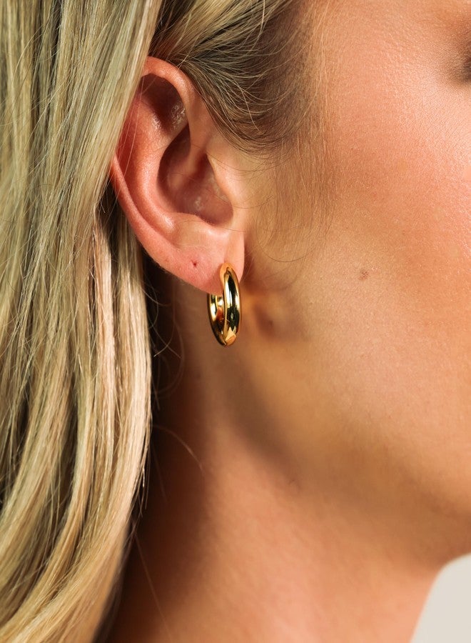 Lemon Grass 18K Gold Plated Chunky Small Gold Hoop Earrings | Womens Bold Thick Gold Huggie Earrings | Sculpture Gold Classic Hoops Hinged Huggie - Image 3