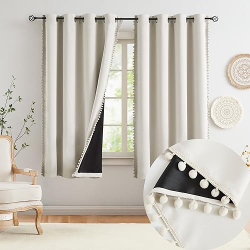 Jubilantex Pom Pom Blackout Curtains Beige Thermal Insulated Curtains Blackout Window Treatments 63" Long for Girls Kids Bedroom,52" Wide,2 Panels - Image 1