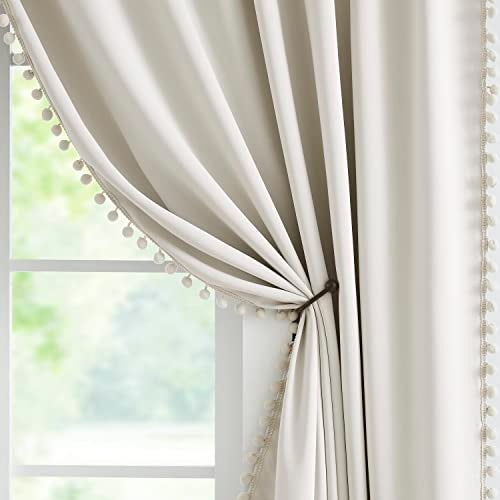 Jubilantex Pom Pom Blackout Curtains Beige Thermal Insulated Curtains Blackout Window Treatments 63" Long for Girls Kids Bedroom,52" Wide,2 Panels - Image 3