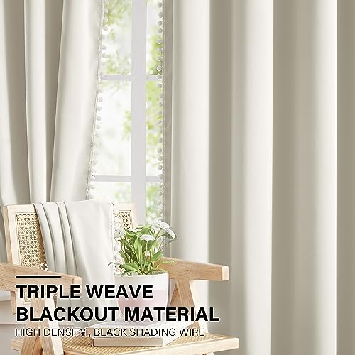 Jubilantex Pom Pom Blackout Curtains Beige Thermal Insulated Curtains Blackout Window Treatments 63" Long for Girls Kids Bedroom,52" Wide,2 Panels - Image 5