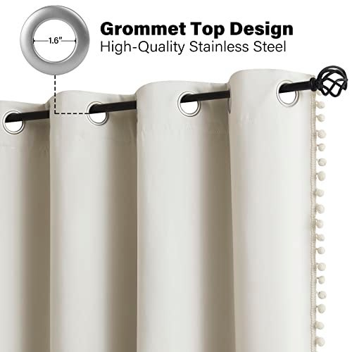 Jubilantex Pom Pom Blackout Curtains Beige Thermal Insulated Curtains Blackout Window Treatments 63" Long for Girls Kids Bedroom,52" Wide,2 Panels - Image 2