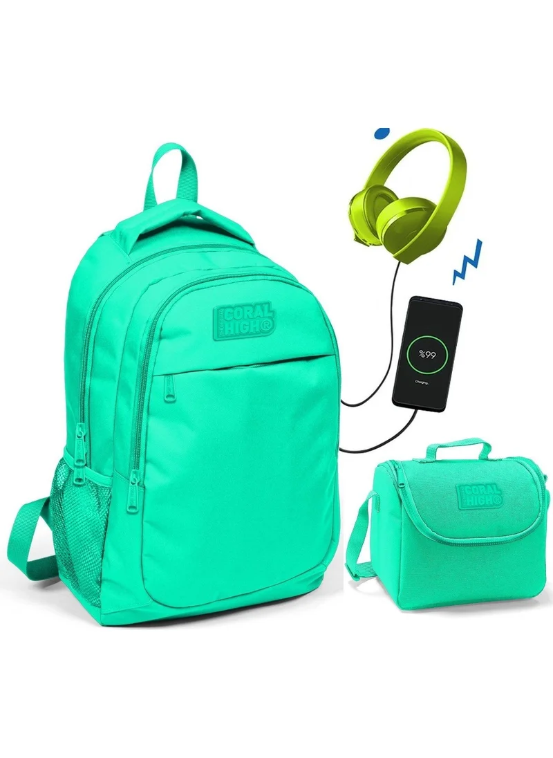 Yaygan Coral High Aqua Green School and Lunch Bag - Girl - USB Socket