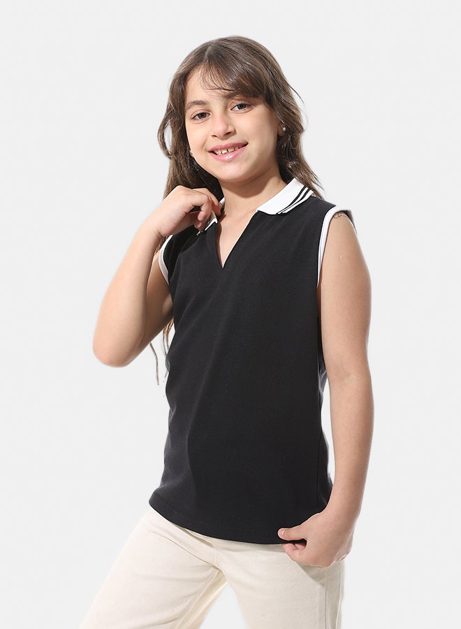 Andora Cut Sleeves with Turned Down Collar Polo Shirt_Black - Image 3